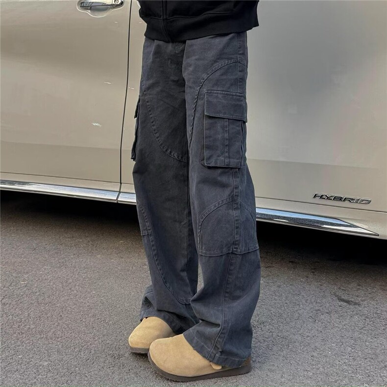 1506/QGAZ100/P73美式复古深灰色多口袋工装裤情侣休闲宽松直筒裤,男装工装外套,星座1506