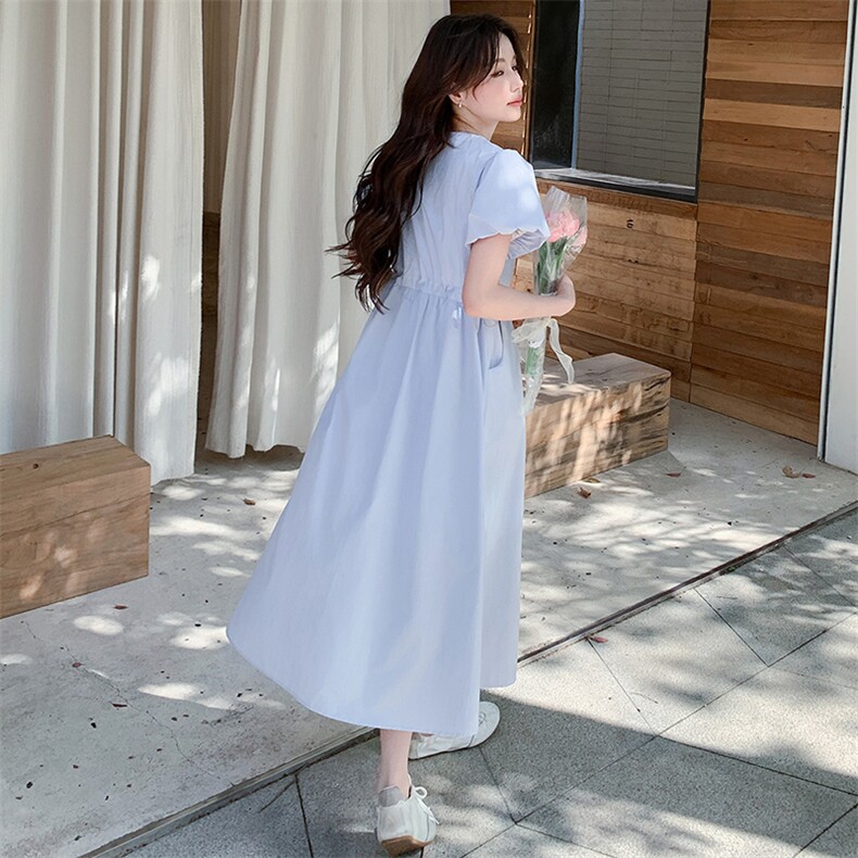 蓝色绝美漂亮泡泡袖连衣裙女2025年夏季新款法式温柔甜美收腰长裙,女装连衣裙,2C306