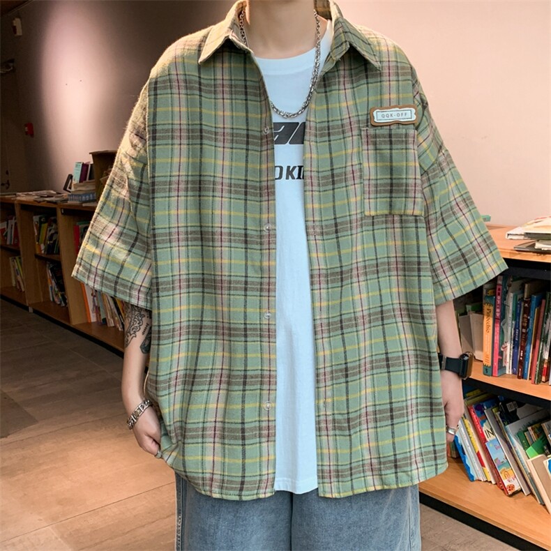 格子新款夏季短袖衬衫男港风潮流百搭宽松休闲半袖外套CS0355-P35,男装衬衫,星座308B-1