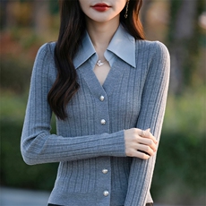 2025春季新款POLO领拼接假两件针织开衫女衬衣领修身薄款毛衣外套，女装针织衫/毛衣，佳绒包芯纱店
