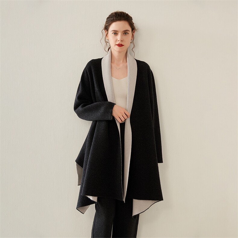 羊绒开衫女V领前短后长不规则下摆中长款外套，女装羊绒大衣，雪山红莲