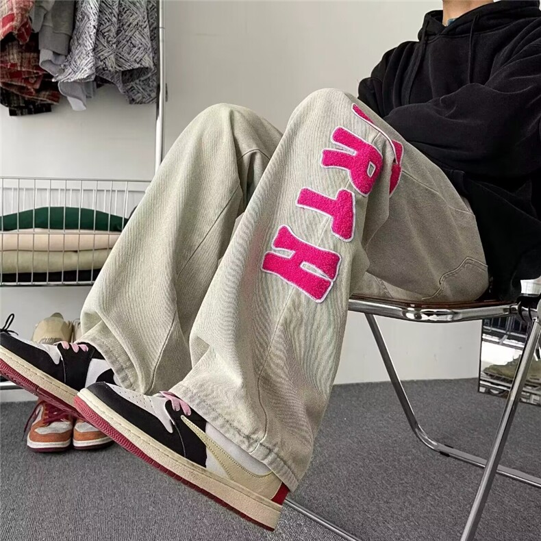 美式高街刺绣宽松直筒牛仔裤男女秋冬阔腿裤子潮S2025P34,男装牛仔裤,星座1112-1