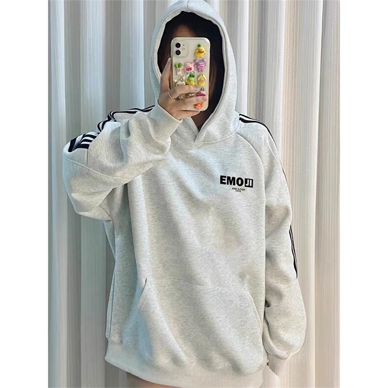 抖音得物品质480克全棉加绒织带连帽印花卫衣三条杠针织卫衣A0403,男装卫衣,电商A443