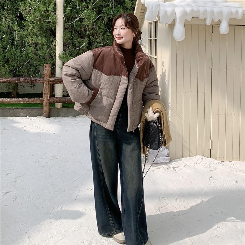 欧货高端拼接撞色羽绒服女冬季2025新款加厚保暖立领白鸭绒短外套,女装羽绒服,琦鑫阁（原依鑫阁）
