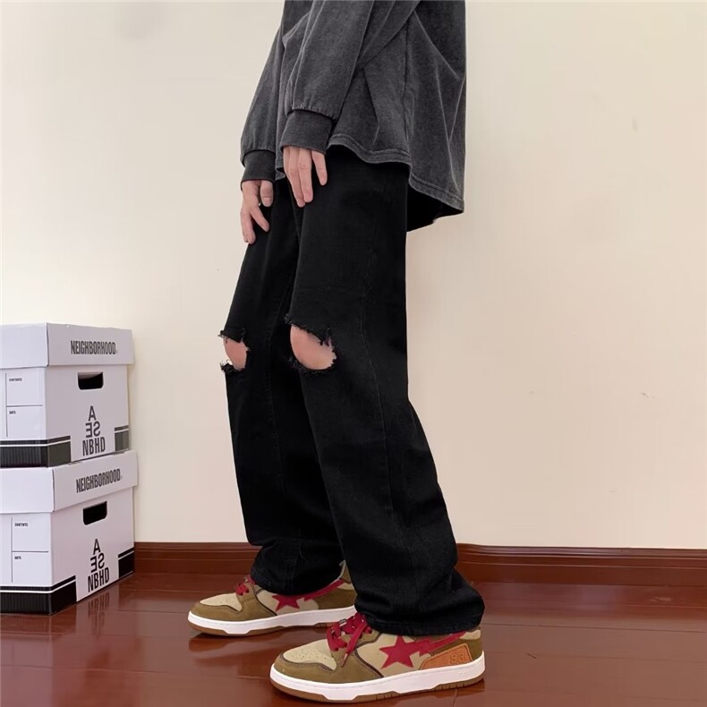 美式vibe裤子秋季男款破洞牛仔裤男KM869P40图片