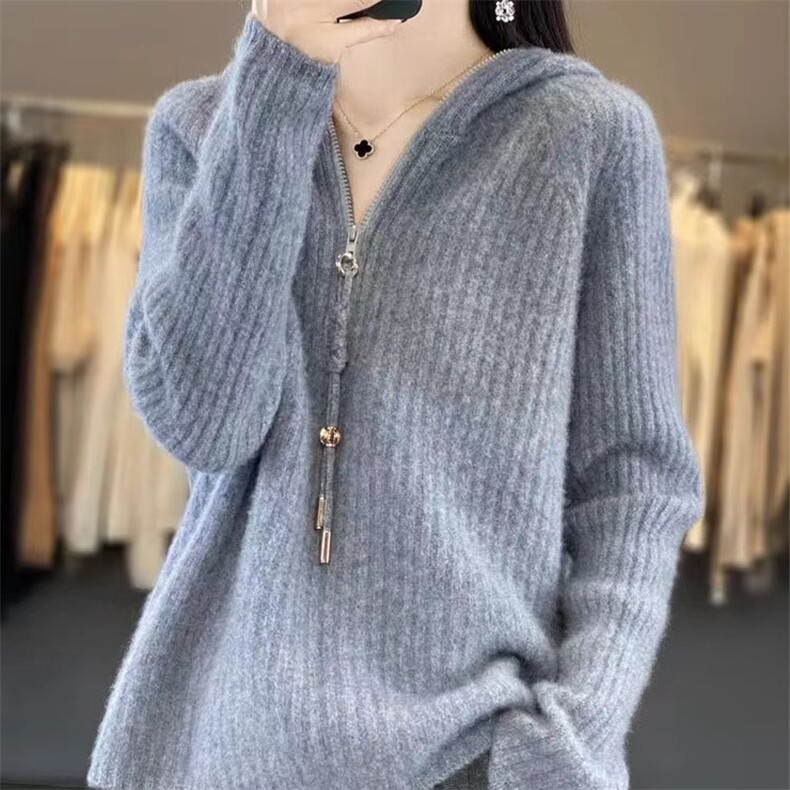 半开领拉链100%纯羊毛帽衫女秋冬坑条长袖连帽羊绒衫针织打底毛衣,针织衫/毛衣,萱芳婷羊绒