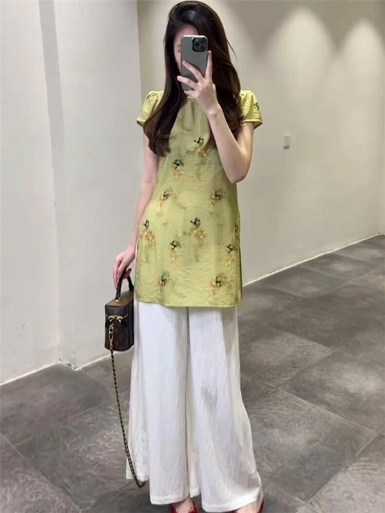 TOUCHMISS时尚气质套装女夏新中式盘扣旗袍短袖上衣阔腿裤两件套,女装套装/套裙,韩蔻秀