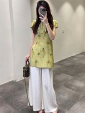 TOUCHMISS时尚气质套装女夏新中式盘扣旗袍短袖上衣阔腿裤两件套，女装套装/套裙，韩蔻秀