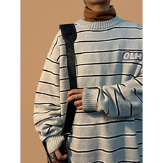 秋冬复古条纹圆领毛衣男士套头针织衫潮牌宽松休闲情侣装毛线衣，男装针织衫/毛衣，星座506A
