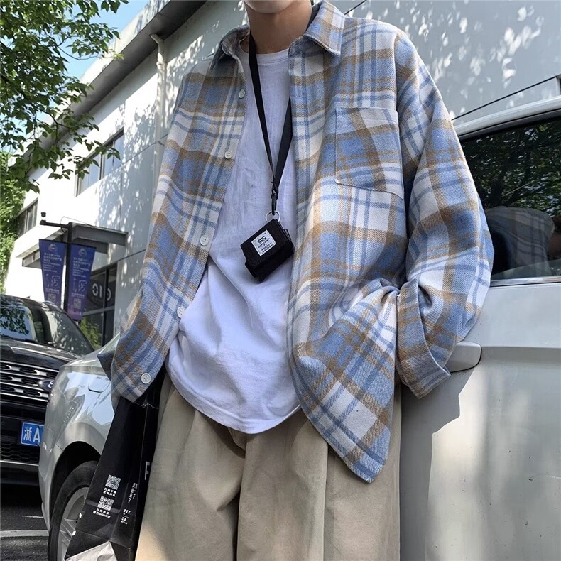 格子衬衫浅色长袖男款春秋季美式复古潮牌潮流痞帅高级感毛呢外套,男装衬衫,星座1116A-1（原606A）