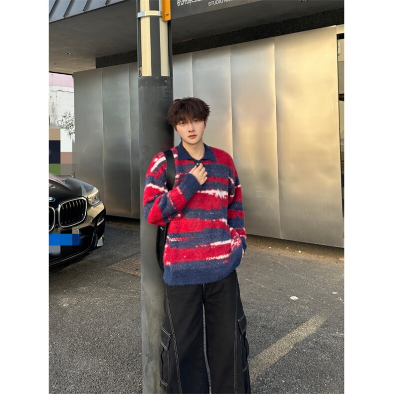 条纹仿貂毛polo领针织毛衣女秋冬美式设计感宽松慵懒上衣,男装针织衫/毛衣,星座506A