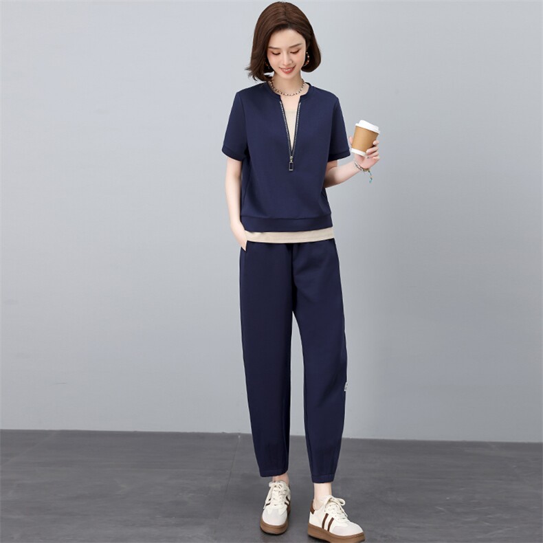 薄款休闲运动服套装女夏装2025夏季新款跑步服妈妈时尚洋气两件套,女装套装/套裙,独衣靓