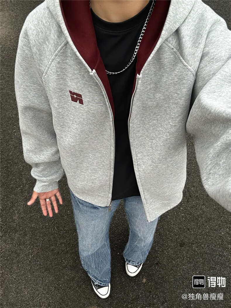 网图短款撞色刺绣双拉链开衫卫衣男女潮牌情侣连帽休闲外套P60,女装短外套,电商C306-1