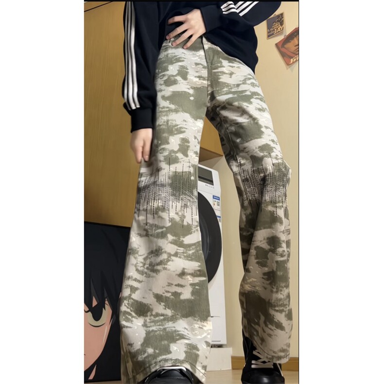美式墨绿色刺绣迷彩牛仔裤24新款高腰休闲直筒阔腿长裤GJ395 P50图片