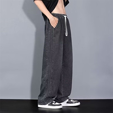 潮牌宽松阔腿弯刀牛仔裤男美式复古做旧抽绳长裤潮流S080/P52，男装牛仔裤，星座506