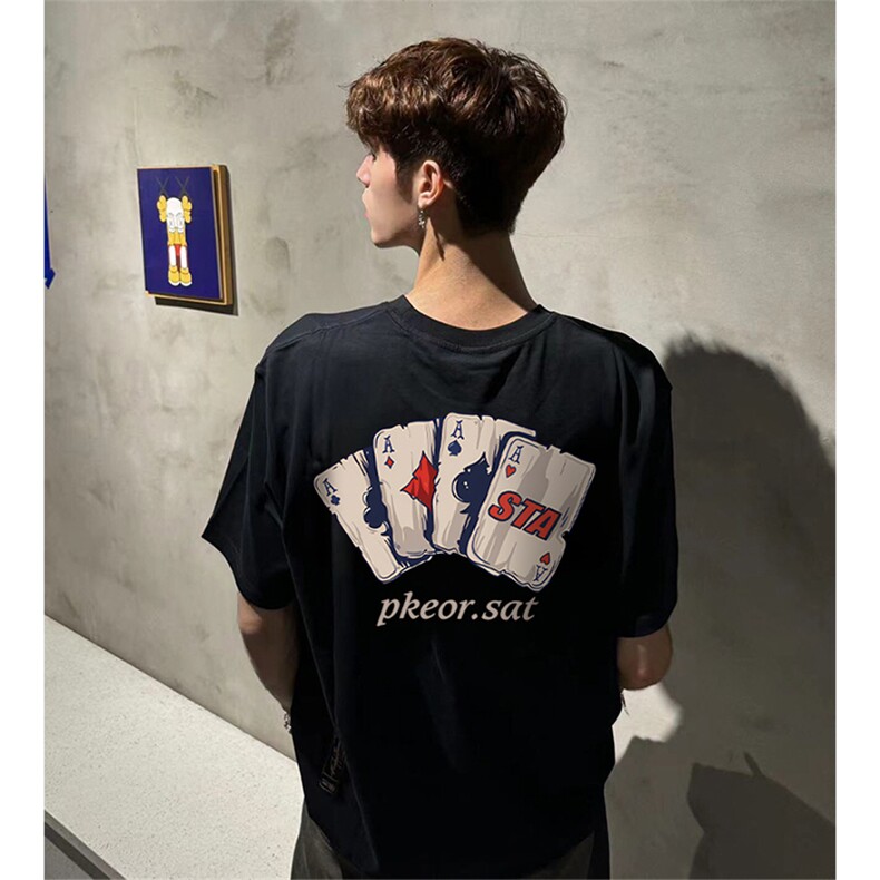 抖音得物供货210克现货宽松纯棉美式潮牌印花落肩袖纯棉T恤AT2159图片
