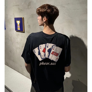 抖音得物供货210克现货宽松纯棉美式潮牌印花落肩袖纯棉T恤AT2159图片