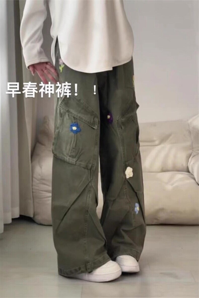 港风日系复古刺绣大口袋工装裤早春炸街高腰阔腿休闲裤ZK3886-P75,男装休闲裤,星座313A(原308A-2)