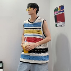 24夏季复镂空花条纹针织衫背心无袖休闲宽松上衣-A036，男装背心/马甲，星座1002-2