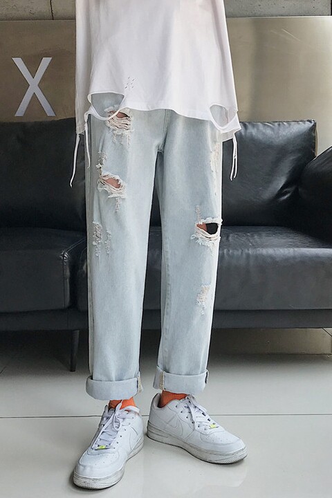 破洞牛仔裤男ins潮牌直筒宽松百搭韩版网红抖音九分裤n60,男装牛仔裤,星座1008