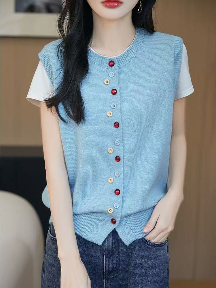 2025早春新款彩扣针织马甲女开衫时尚背心毛衣无袖马夹无袖上衣,针织衫/毛衣,萱芳婷羊绒