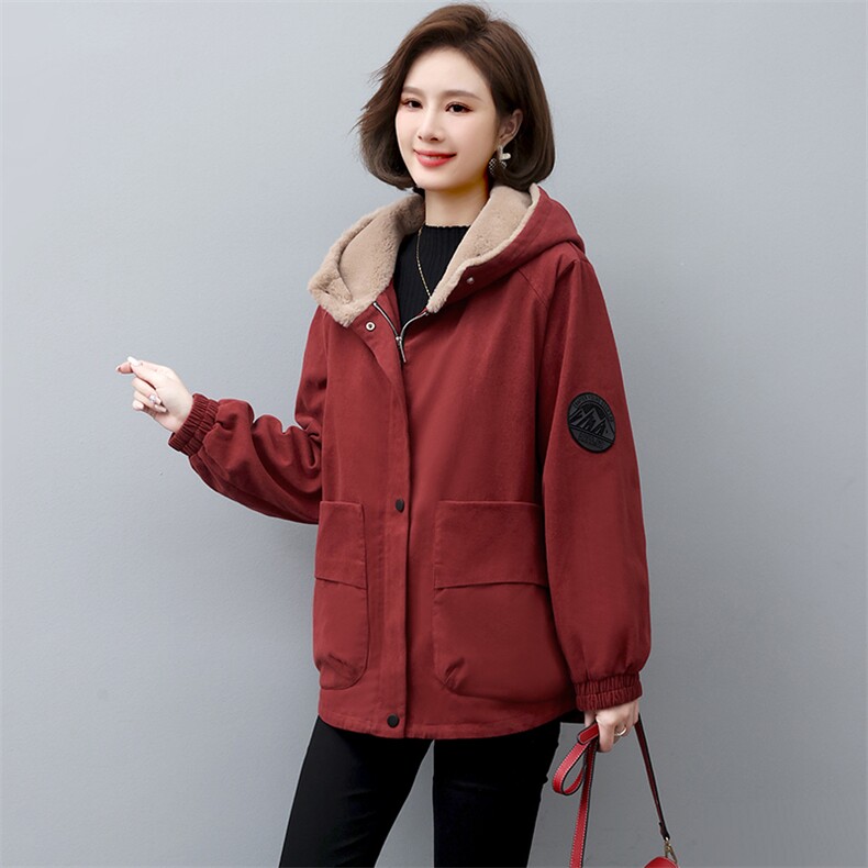 2022冬季新款派克服加绒加厚外套女连帽大口袋休闲外套,女装派克服,忆绮罗