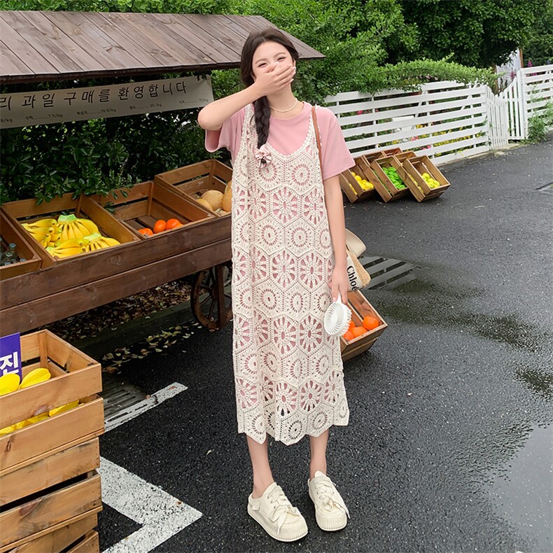 蕾丝镂空吊带连衣裙套装女2025夏季新款网红爆款粉色T恤裙两件套,女装套装/套裙,2C272