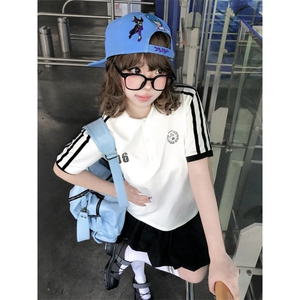 H0937-P35三杠学院风polo衫设计感翻领宽松短袖t恤男女同款图片
