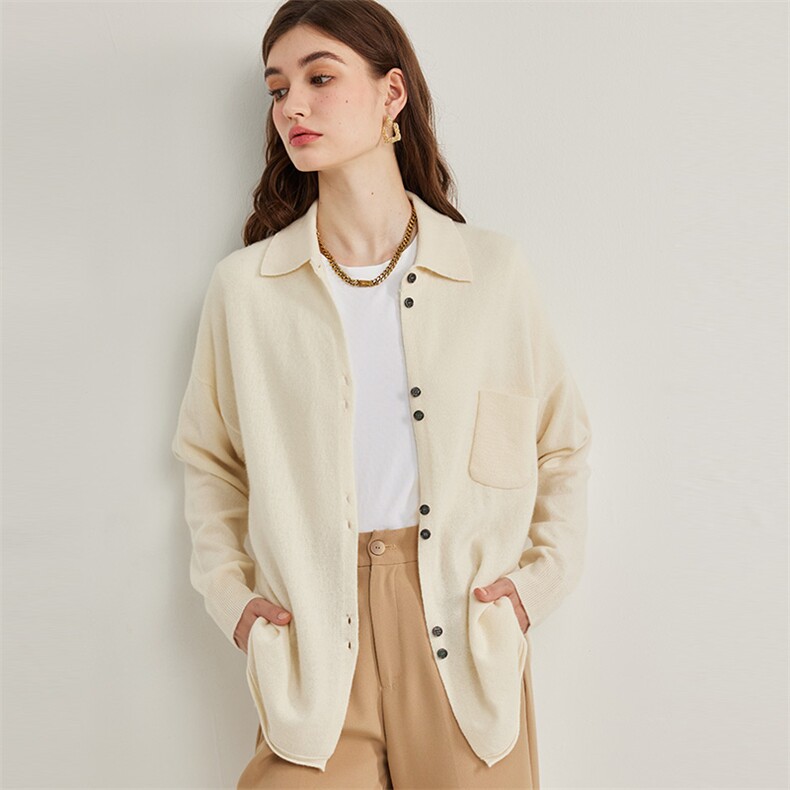 POLO领羊绒开衫女宽松慵懒带兜针织外套毛衣休闲羊毛衫上衣，女装羊绒衫，隆秋羊绒