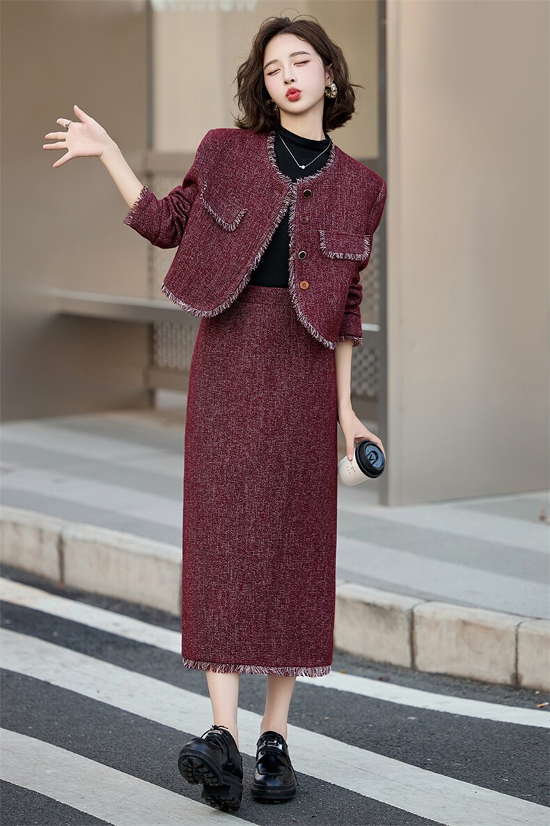 小香风套装女2025春秋新款高级感法式气质红色半身裙两件套职业装,女装套装/套裙,艾仟回(原伊仟回)