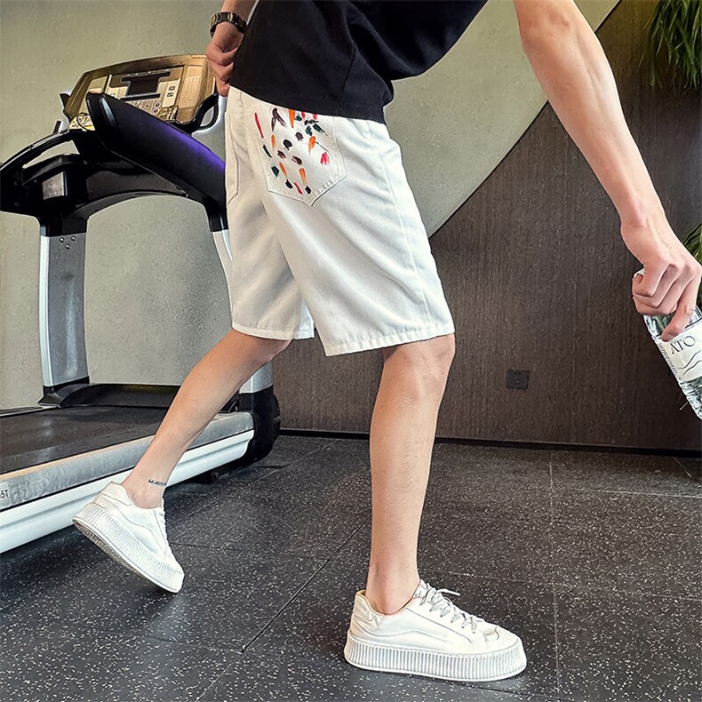 ND89-P55白色短裤男潮牌印花不规则涂鸦弹力五分裤潮痞帅5分中裤，男装牛仔裤，星座215（原电商B249）