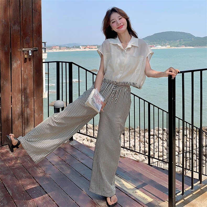 薄款条纹衬衫套装裤女夏高级感流行气质两件套时髦网红爆款炸街,女装套装/套裙,2C135