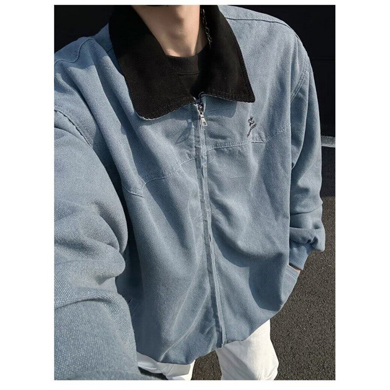 高质量洗水新春季拼接翻领飞行服外套男女水洗宽松高街百搭夹克图片