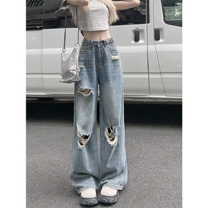 美式破洞牛仔裤女高街vibe胖mm高腰直筒显瘦阔腿拖地长裤XN32-P45图片
