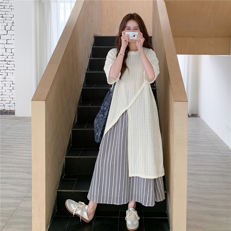 小个子叠穿不规则镂空罩衫阔腿裙裤套装女夏新款条纹阔腿裤两件套图片