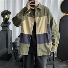 韩版长袖港风上衣衬衫男秋季休闲大码拼接撞三色外套W1393-P35，男装衬衫，星座512-4