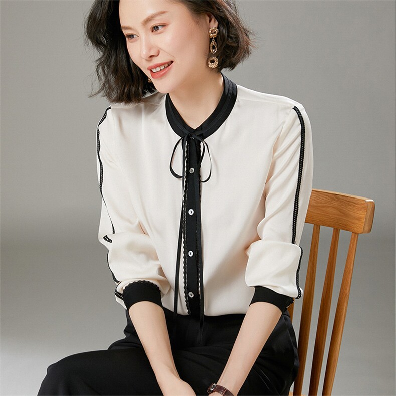 2025年夏季真丝衬衫女立领设计感飘带洋气长袖上衣缎面桑蚕丝衬衣,女装衬衫,宋氏羊绒