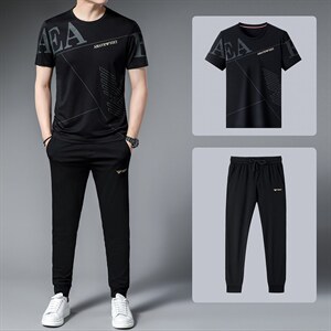 男装2023夏季冰丝三件套男士宽松长裤休闲中年爸爸夏装短袖运动套图片
