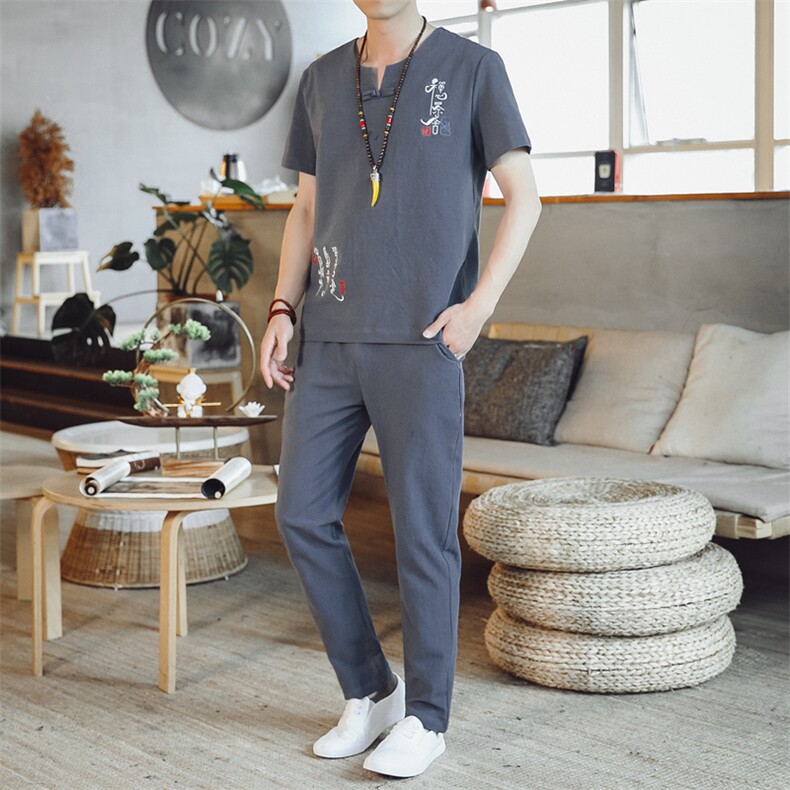 夏季套装男士两件套风复古唐装名族风T恤A334-TZ015-P50,男装民族服装,电商B339(原A334）
