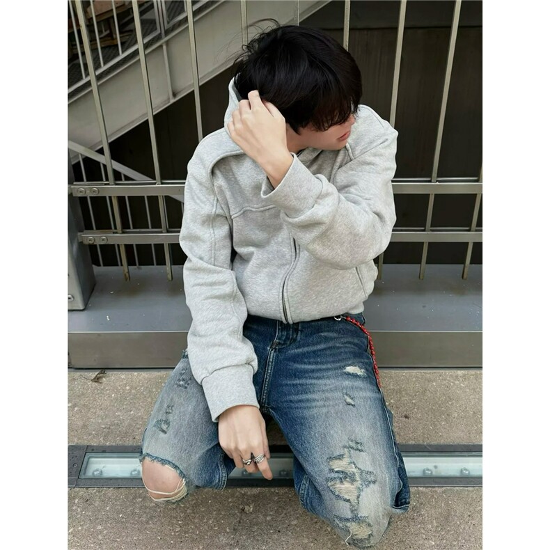 春秋季美式复古拼接连帽休闲开衫卫衣男女潮痞帅运动拉链夹克外套图片