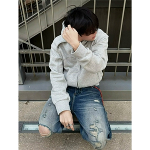 春秋季美式复古拼接连帽休闲开衫卫衣男女潮痞帅运动拉链夹克外套图片