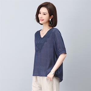 苎麻衬衫女短袖2023新款夏季v领刺绣衬衣小个子妈妈小衫显瘦上衣图片