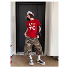 美式破洞补丁七分牛仔裤男女夏季宽松水洗迷彩短裤LN10966-P50，男装牛仔裤，星座1008