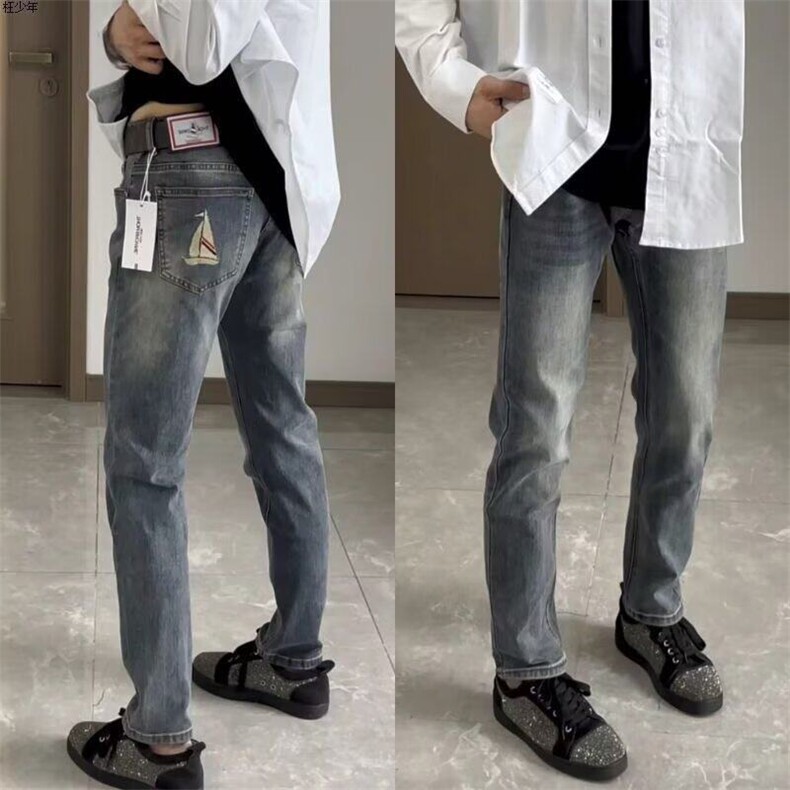 网红同款TB帆船刺绣牛仔裤男休闲气质潮牌流行小脚修身直筒长裤子,男装牛仔裤,星座506A