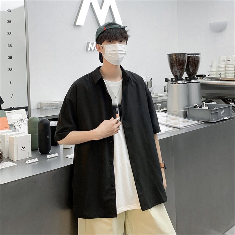 2025夏装黑色痞帅短袖燕尾衬衫男宽松冰丝衬衣C303P30,男装衬衫,电商C323
