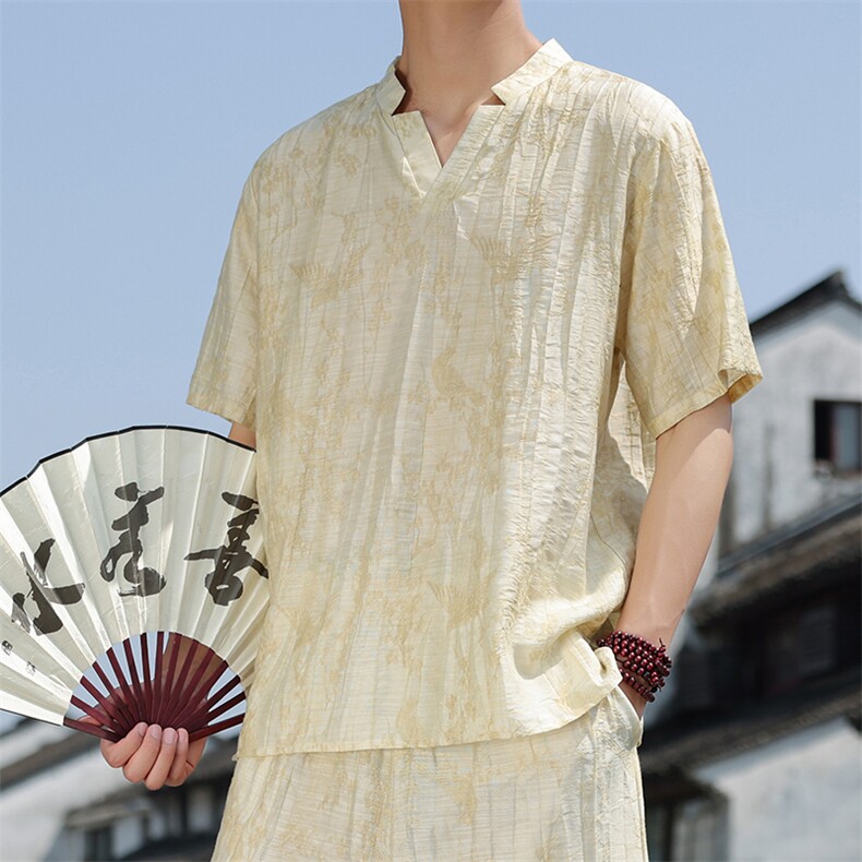 2025夏新款风男装新中式唐装盘扣天丝提花短袖T恤C99-P65,男装T恤,电商B277(原6028)