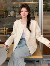米色高级感国风提花短外套女2025春季新款小个子气质休闲盘扣上衣，女装短外套，浙宝208A