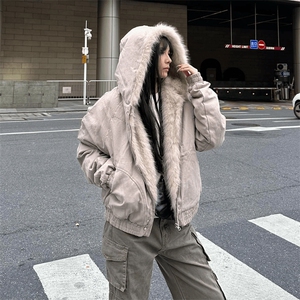 现货高品质美式高街冬季重磅硬挺短款座山雕毛领棉衣男女加厚外套图片