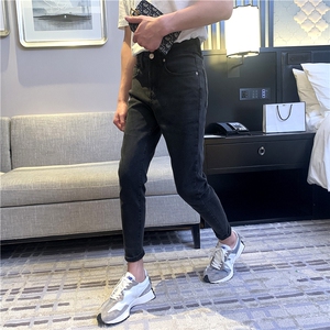 B230档黑灰色修身小脚弹力显瘦铅笔裤男百搭简约九分裤图片