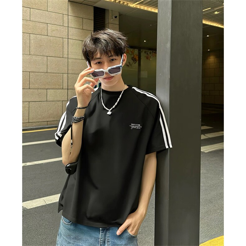 抖音得物供货240克宽松纯棉美式潮牌印花三杠全带短袖T恤AT1401，男装T恤，电商A443